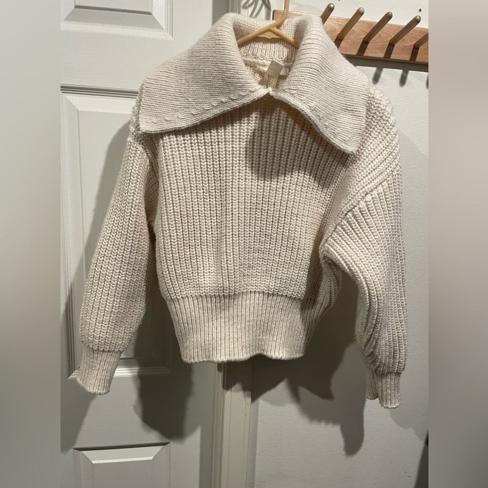H&M sweater women’s XS cream Collared Rib-Knit Peter Pan Winter